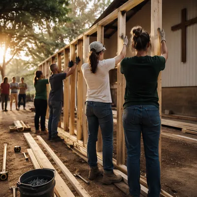 Mission Volunteers Raising Wooden Frame Together