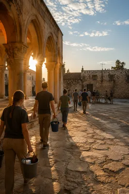Mission Team Serving in Sunlit Stone Courtyard