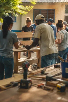 Mission Team Building a Courtyard Bench