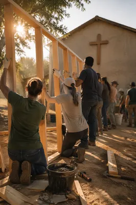 Mission Volunteers Building Together at Dawn