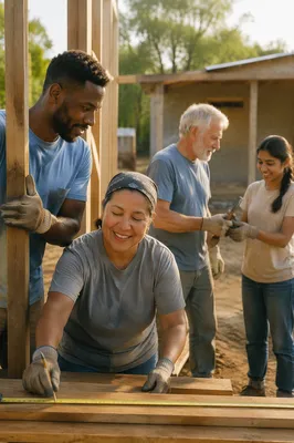 Volunteers Building Wooden Frame Outdoors