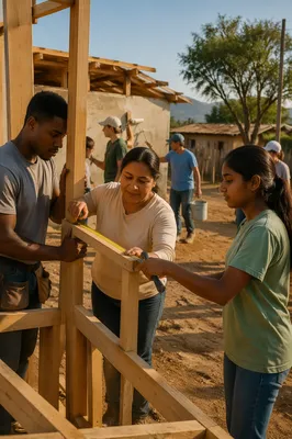 Volunteers Building Wooden Frame Outdoors