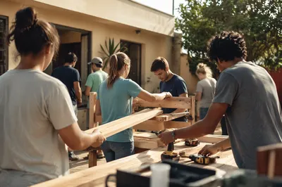 Mission Team Building a Courtyard Bench