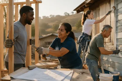 Volunteers Building Beside Rural Home