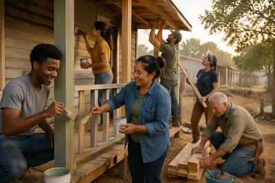 Volunteers Repairing Porch in Rural Neighborhood