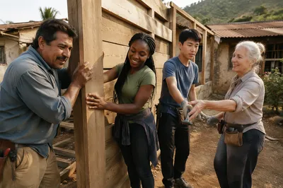 Volunteers Building Shelter in Rural Courtyard