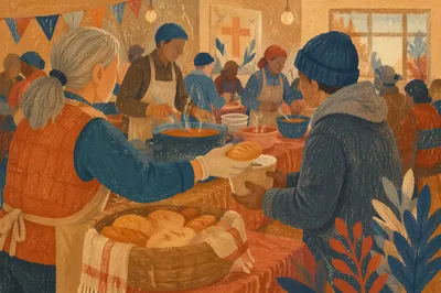 Mission Volunteers Serving Warm Meals Indoors