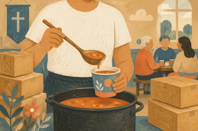 Missionary Serving Soup in Church Kitchen