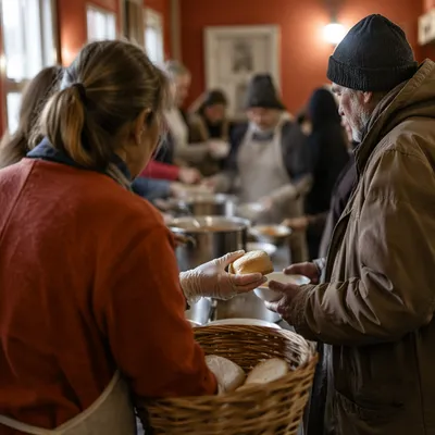 Missionaries Serving Bread at Community Meal