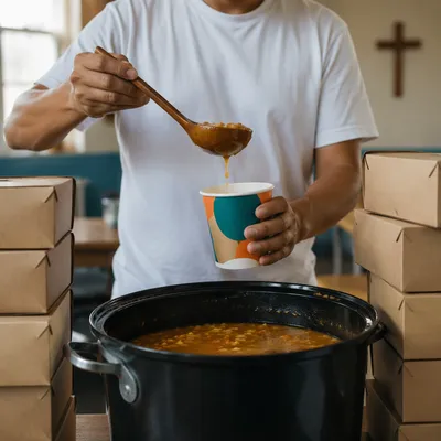 Missionary Serving Soup at Church Outreach