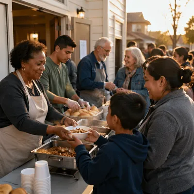 Volunteers Serving Food Outside Church Hall