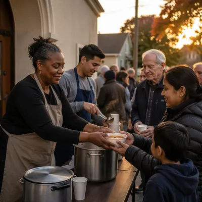 Volunteers Serving Meals Outside Church Hall