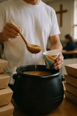 Missionary Serving Soup During Church Outreach