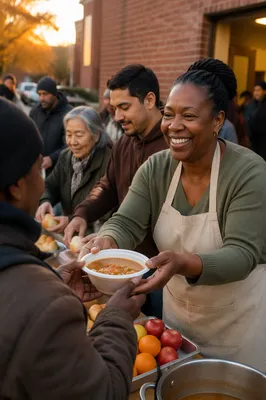 Volunteers Serving Meals Outside Community Hall