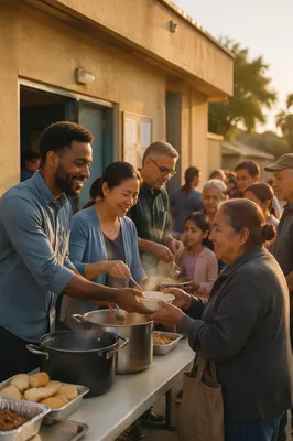Volunteers Serving Meals Outside Neighborhood Hall