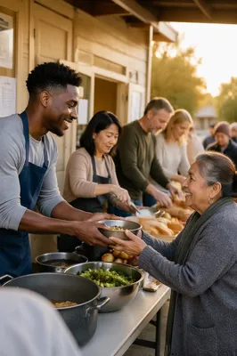 Volunteers Serving Food to Neighborhood Families