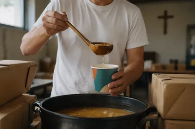 Missionary Serving Soup in Church Outreach