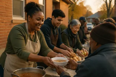 Volunteers Serving Meals Outside Church Hall