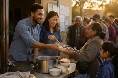 Volunteers Serving Meals to Neighbors Outdoors