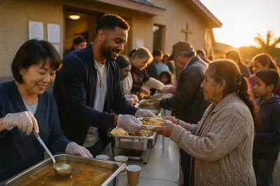 Volunteers Serving Meals Outside Church Hall