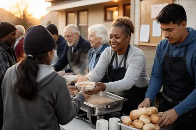 Volunteers Serving Food Outside Church Hall