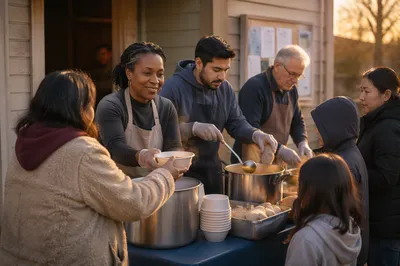 Volunteers Serving Hot Meals at Sunset