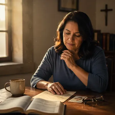 Woman Reading Letter Beside Open Bible