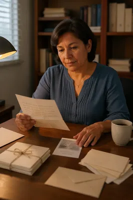 Woman Reading Letters at Church Desk