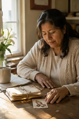 Woman Reflecting at Desk with Letters