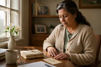 Woman Reflecting at Desk with Letters