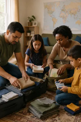 Family Packing Suitcases in Sunlit Living Room