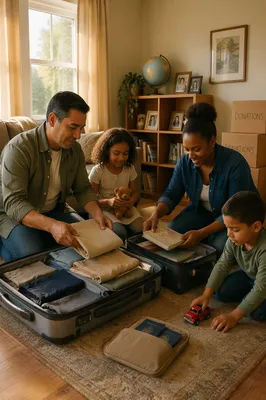 Family Packing Suitcases in Sunlit Living Room