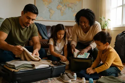 Family Packing Suitcases in Sunlit Living Room