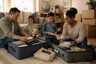 Family Packing Suitcases in Sunlit Living Room