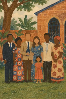 Diverse Missionary Family in Tropical Church Courtyard