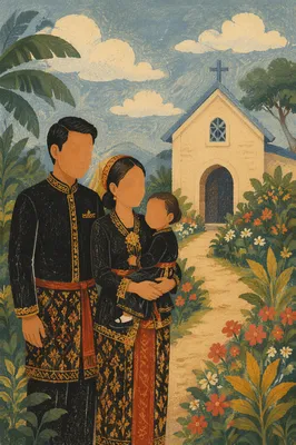 Diverse Missionary Family Near Community Chapel