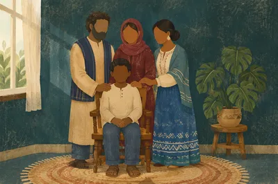 Diverse Missionary Family in Quiet Fellowship Room