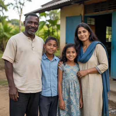 Multicultural Missionary Family Portrait in Village