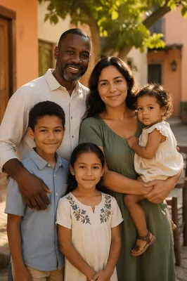 Multicultural Family Portrait in Village Courtyard