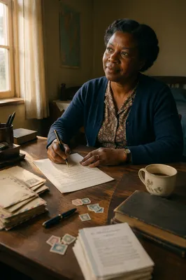 Missionary Writing Letter at Wooden Desk