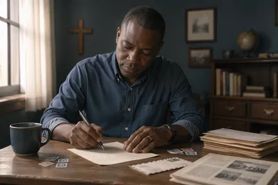 Man Writing Letter at Wooden Desk