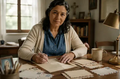 Woman Writing Letters at Wooden Desk