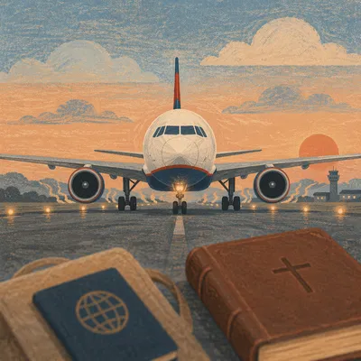 Missions Travel Airplane and Bible at Dusk