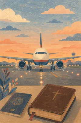 Missions Travel Airplane and Bible at Dusk