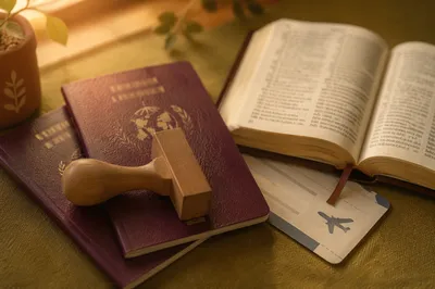 Missions Travel Documents with Bible and Stamp