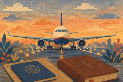 Missions Travel Airplane with Passport and Bible