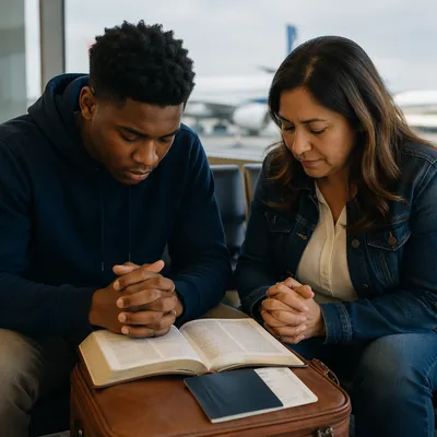 Prayer Before Mission Flight at Airport