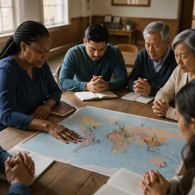 Prayer Group Around World Map Table