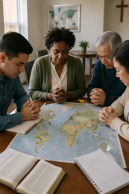 Group Praying Around World Map Table
