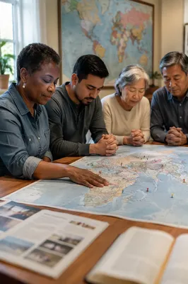 Group Praying Beside World Map